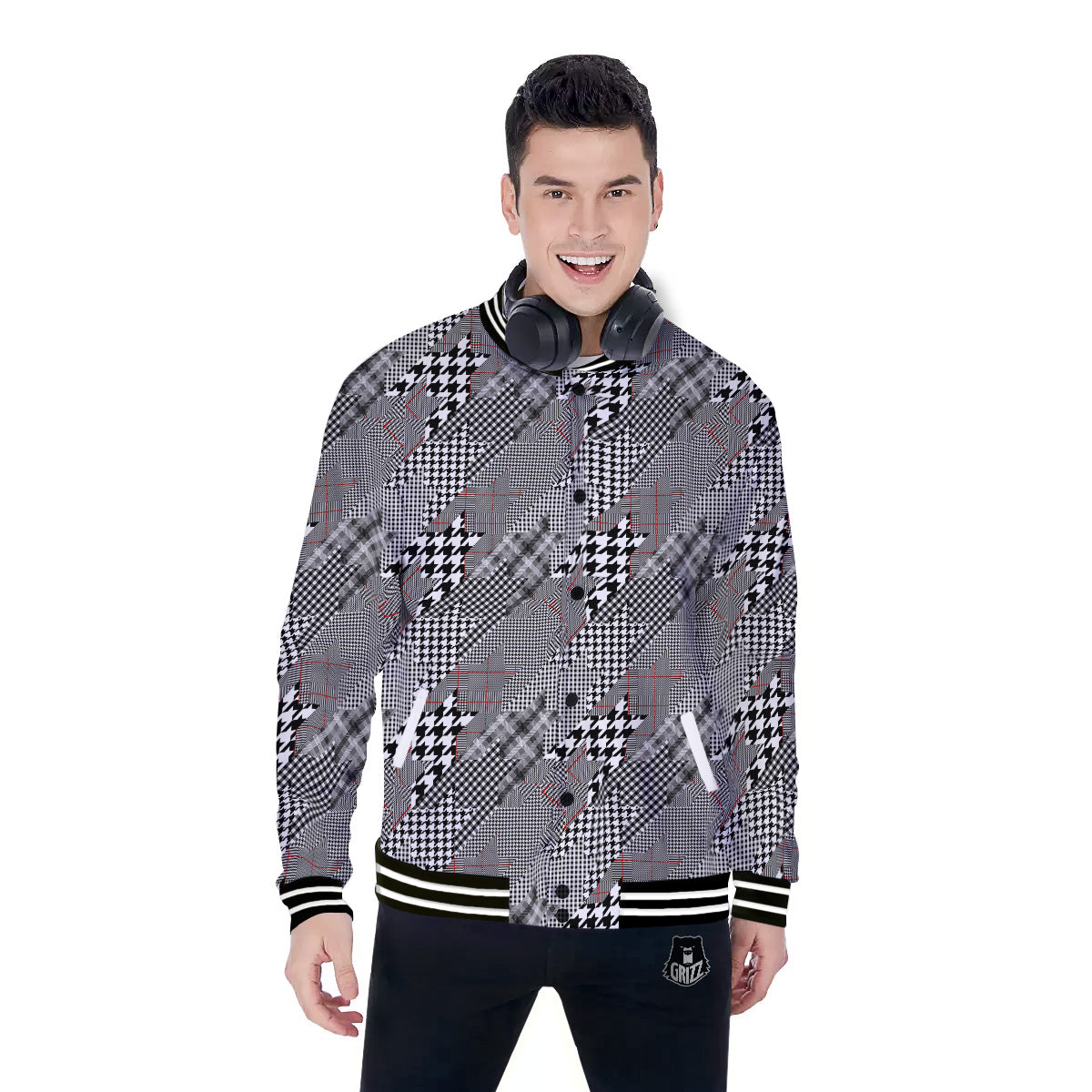 Geometrical Houndstooth Patchwork Print Pattern Baseball Jacket-grizzshop