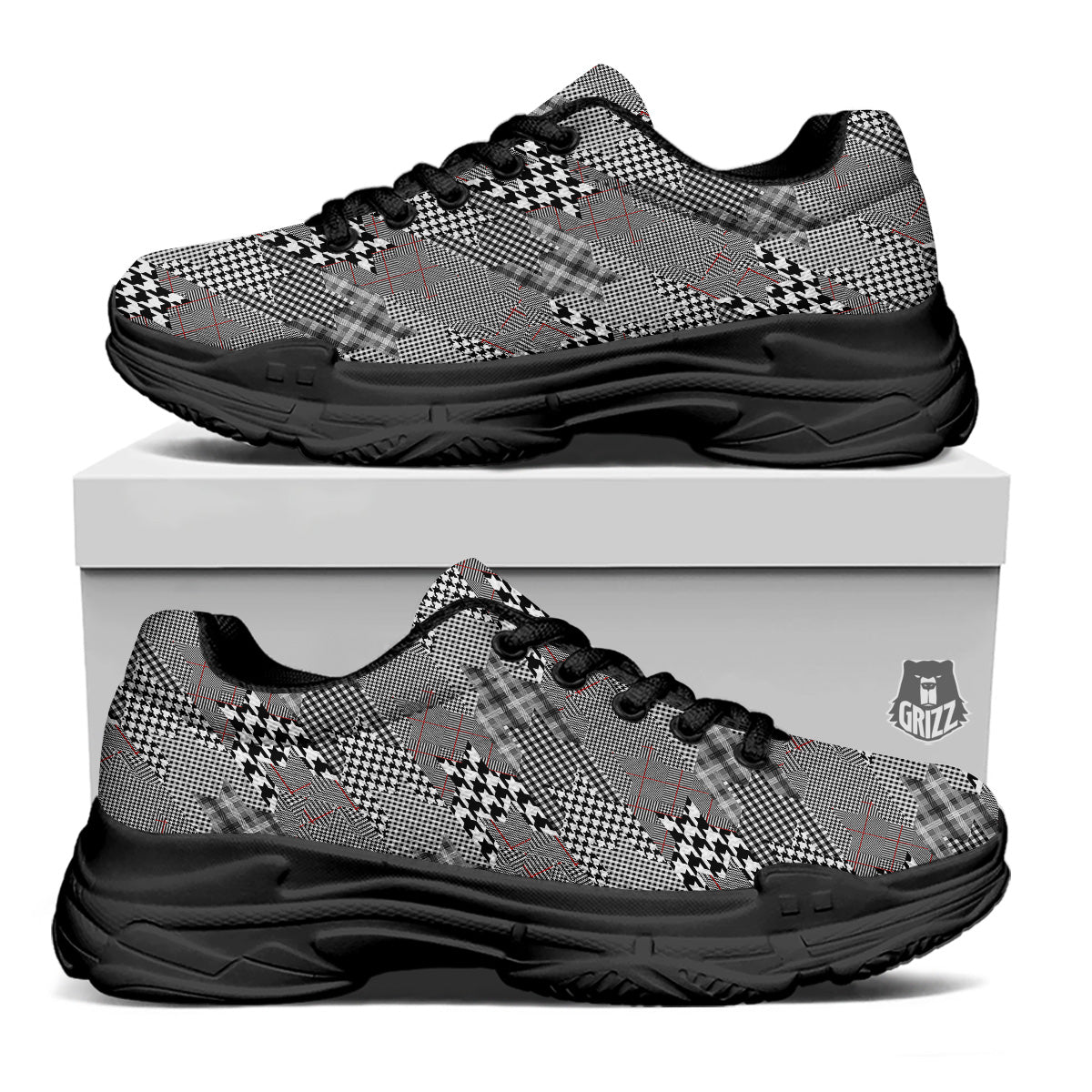 Geometrical Houndstooth Patchwork Print Pattern Black Chunky Shoes-grizzshop