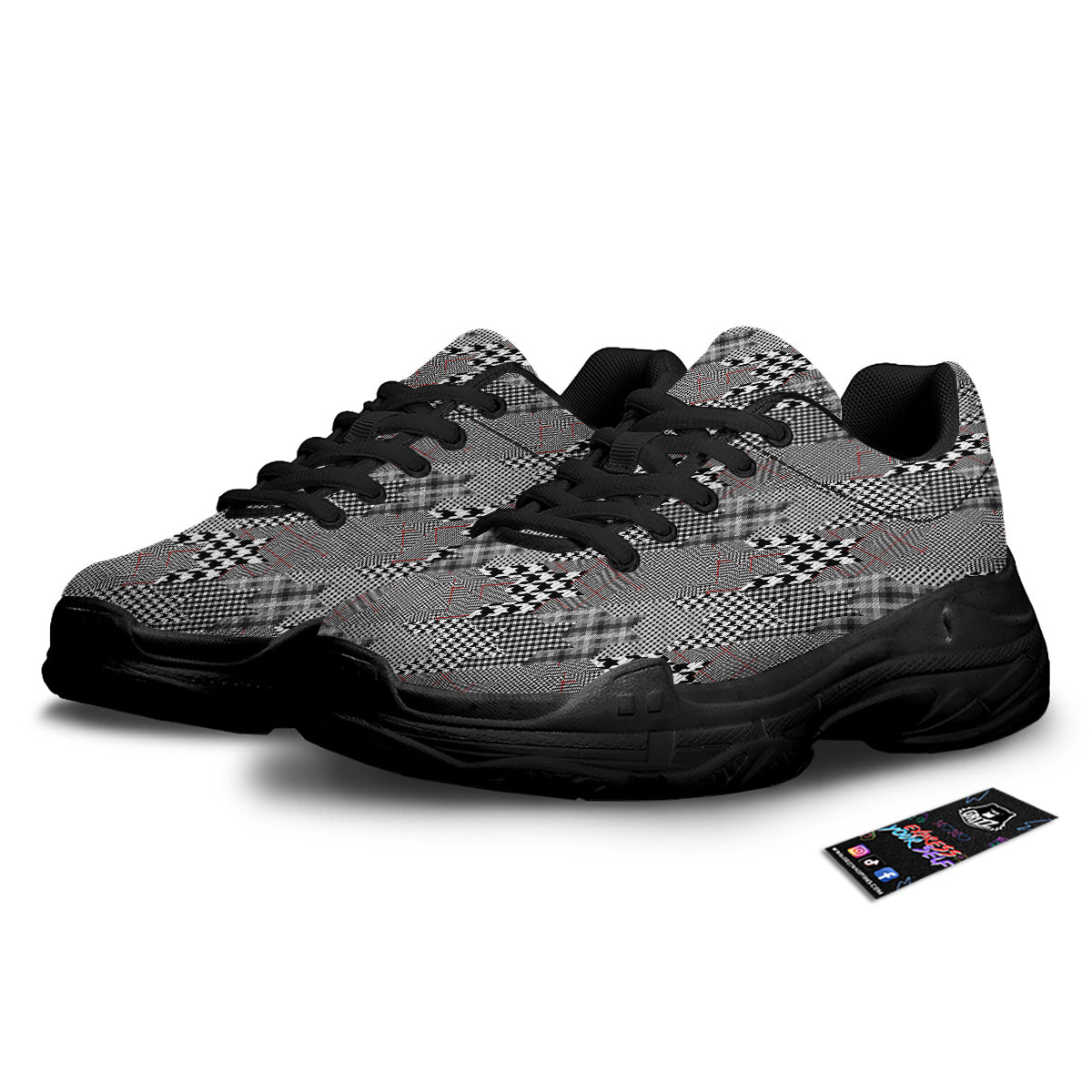 Geometrical Houndstooth Patchwork Print Pattern Black Chunky Shoes-grizzshop