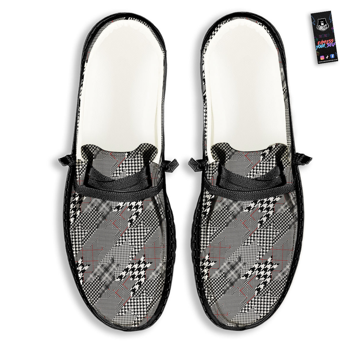 Geometrical Houndstooth Patchwork Print Pattern Black Loafers-grizzshop