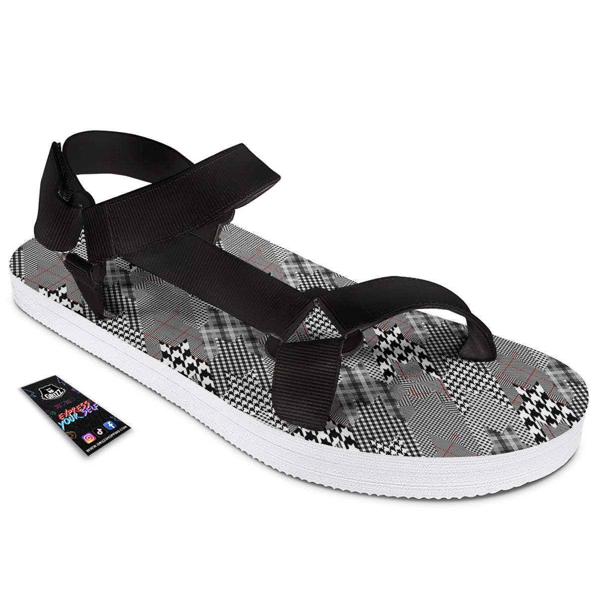 Geometrical Houndstooth Patchwork Print Pattern Black Open Toe Sandals-grizzshop