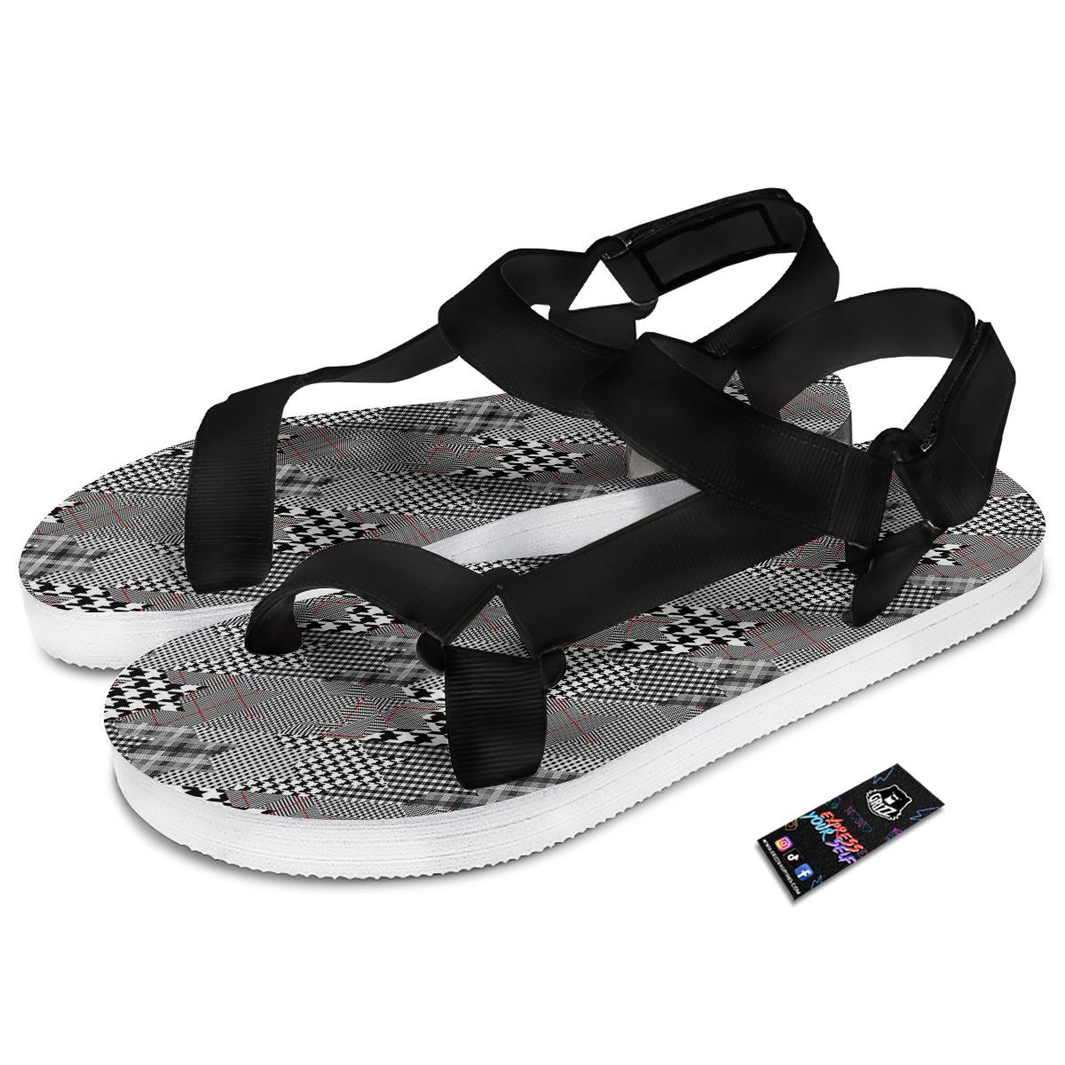 Geometrical Houndstooth Patchwork Print Pattern Black Open Toe Sandals-grizzshop