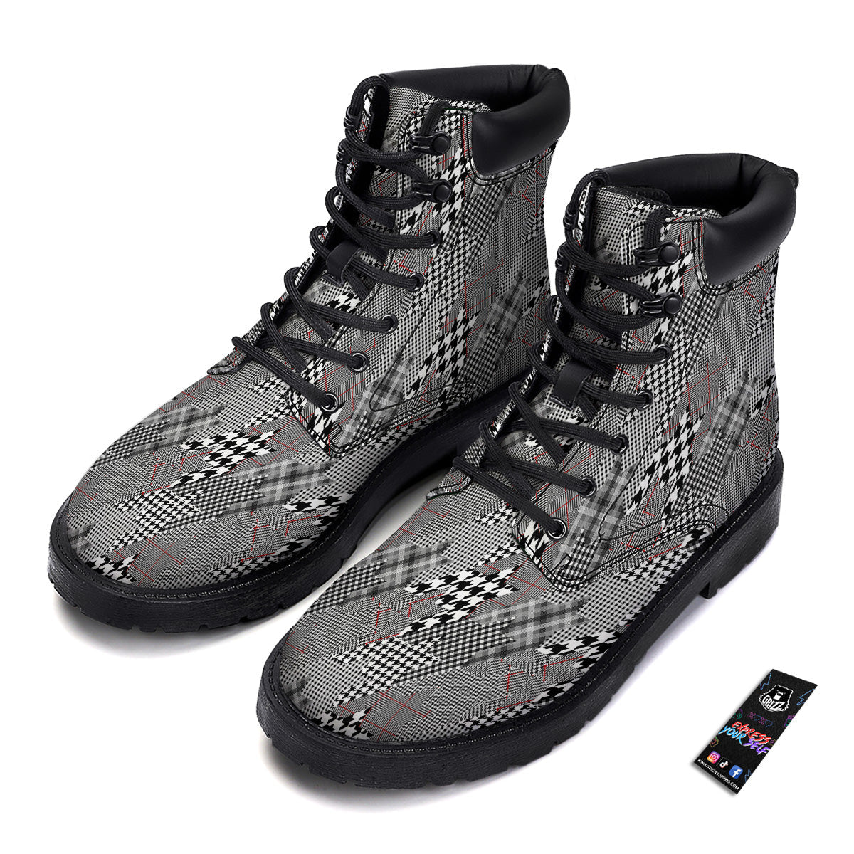 Geometrical Houndstooth Patchwork Print Pattern Boots-grizzshop
