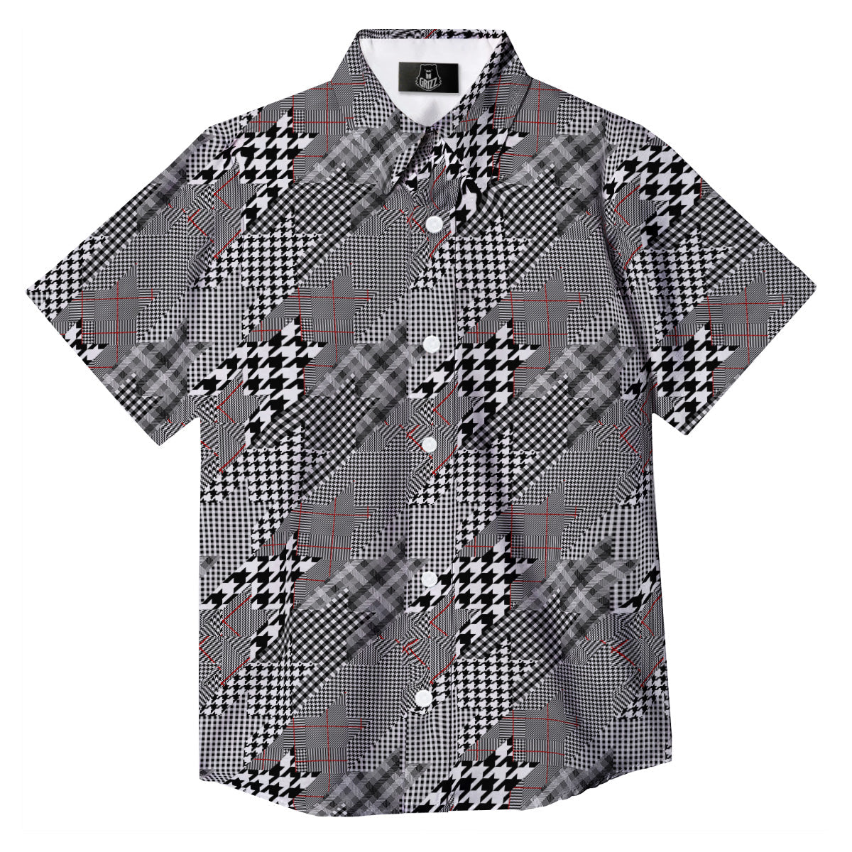 Geometrical Houndstooth Patchwork Print Pattern Button Up Shirt-grizzshop
