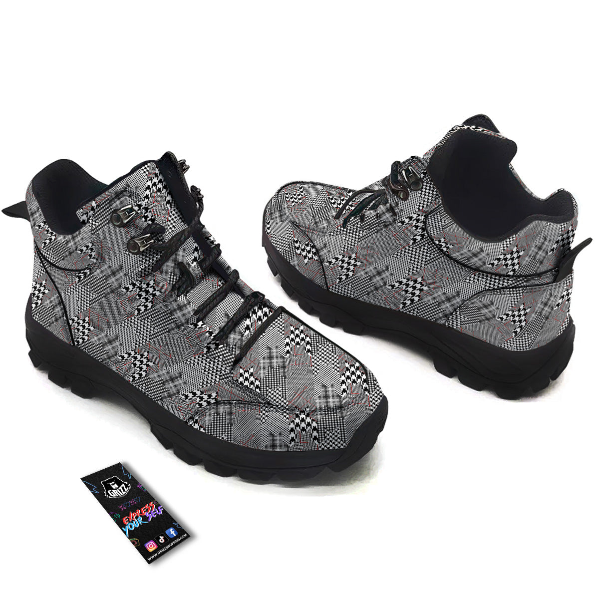 Geometrical Houndstooth Patchwork Print Pattern Hiking Shoes-grizzshop