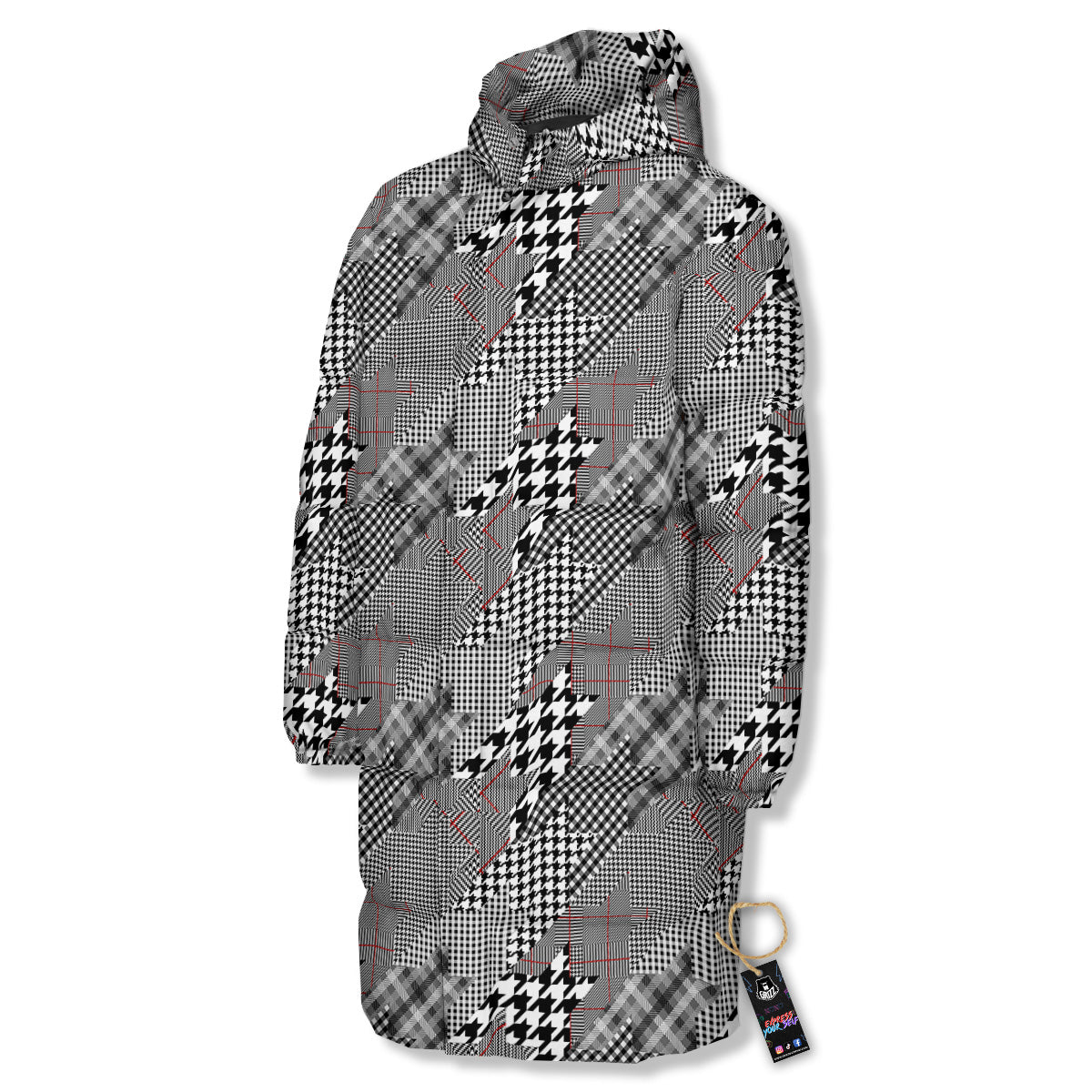 Geometrical Houndstooth Patchwork Print Pattern Long Down Jacket-grizzshop