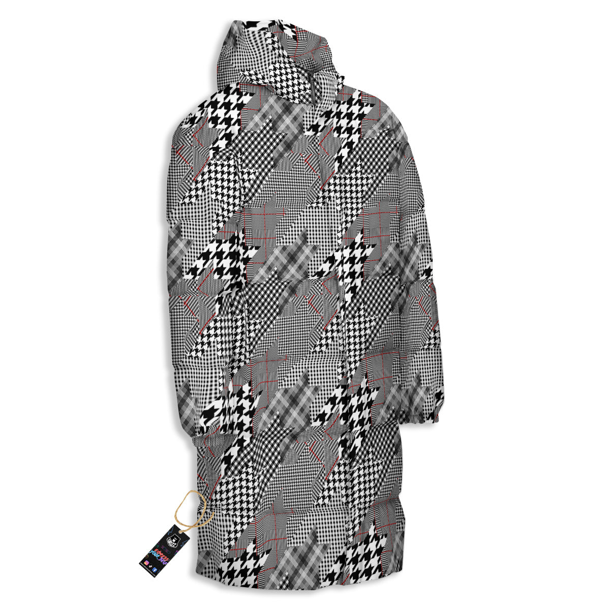 Geometrical Houndstooth Patchwork Print Pattern Long Down Jacket-grizzshop