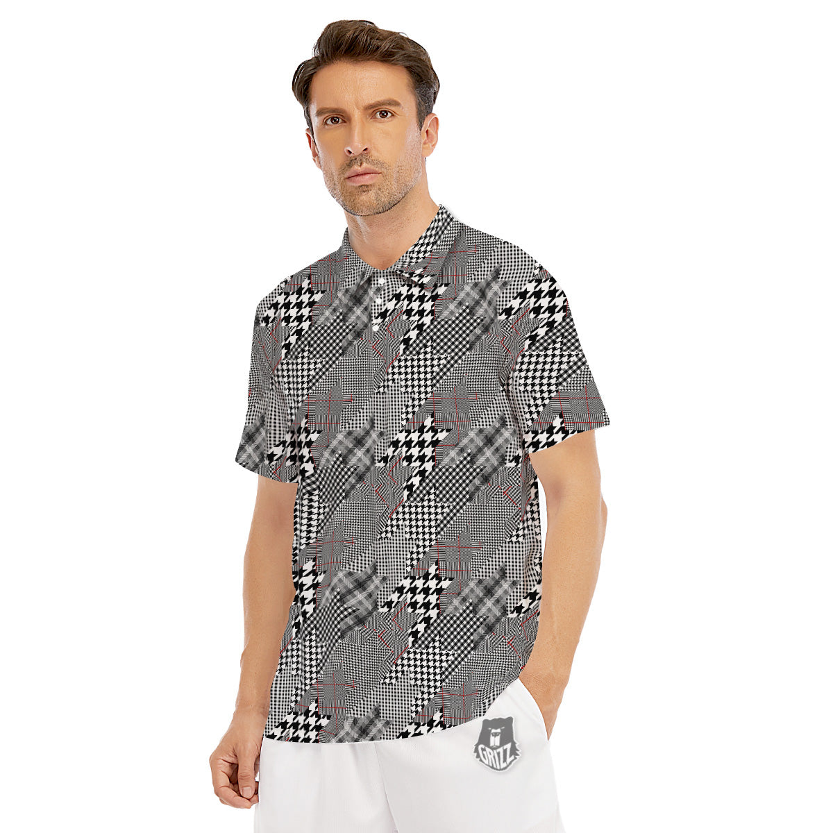 Geometrical Houndstooth Patchwork Print Pattern Men's Golf Shirts-grizzshop