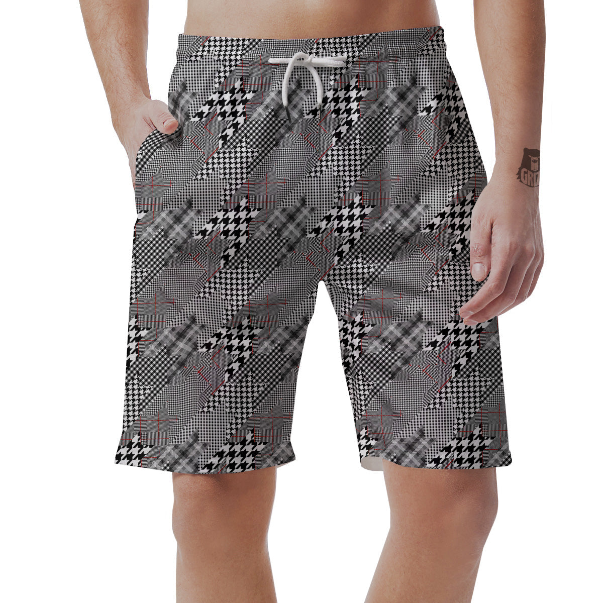 Geometrical Houndstooth Patchwork Print Pattern Men's Shorts-grizzshop