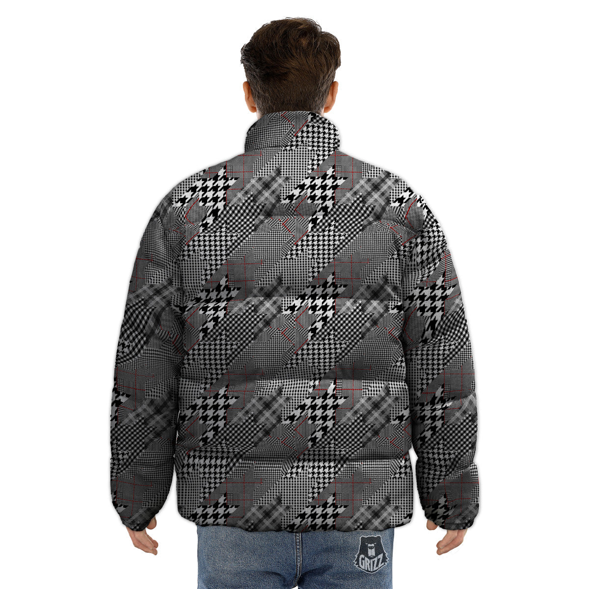 Geometrical Houndstooth Patchwork Print Pattern Puffer Jacket-grizzshop