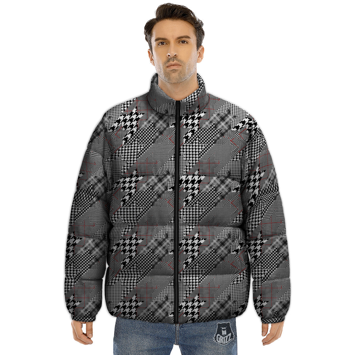Geometrical Houndstooth Patchwork Print Pattern Puffer Jacket-grizzshop