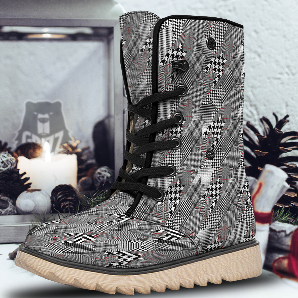 Geometrical Houndstooth Patchwork Print Pattern Snow Boots-grizzshop
