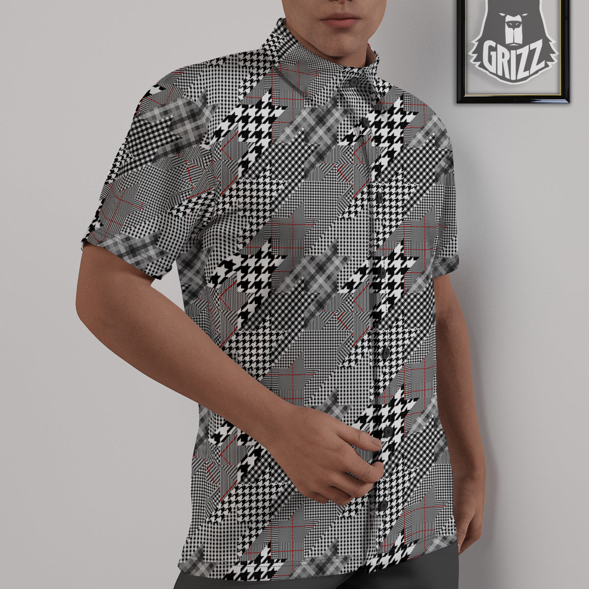 Geometrical Houndstooth Patchwork Print Pattern Untucked Shirts-grizzshop