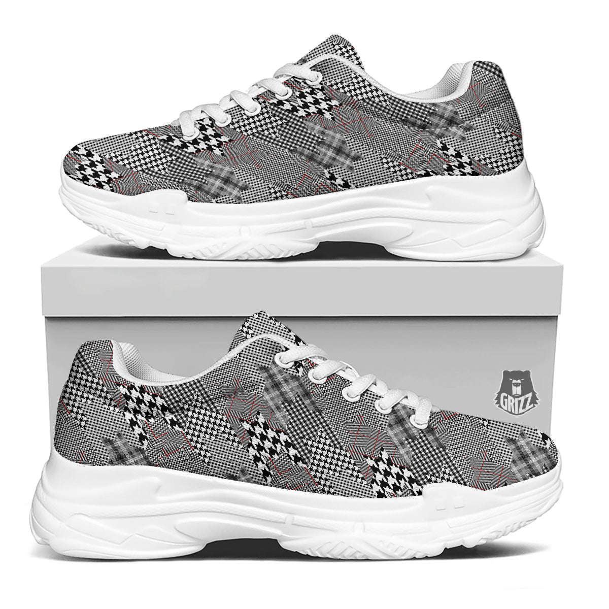 Geometrical Houndstooth Patchwork Print Pattern White Chunky Shoes-grizzshop