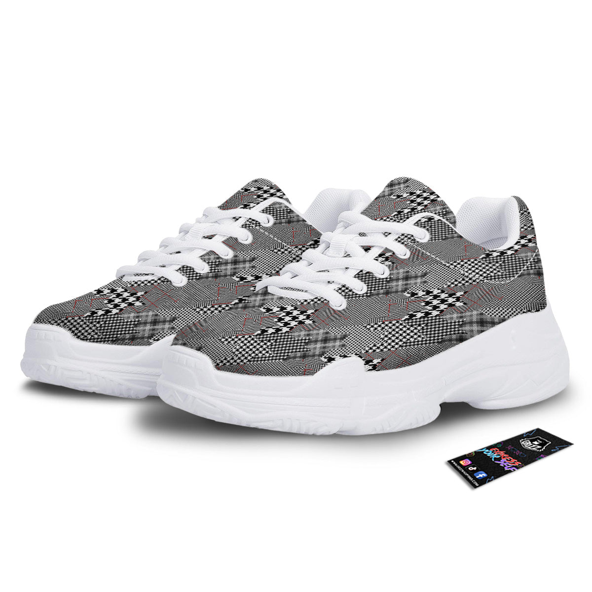 Geometrical Houndstooth Patchwork Print Pattern White Chunky Shoes-grizzshop