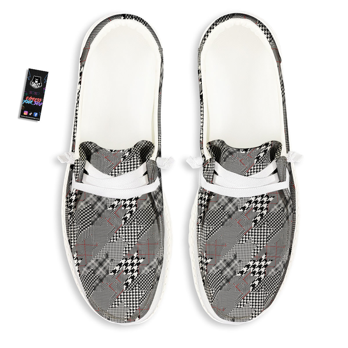 Geometrical Houndstooth Patchwork Print Pattern White Loafers-grizzshop