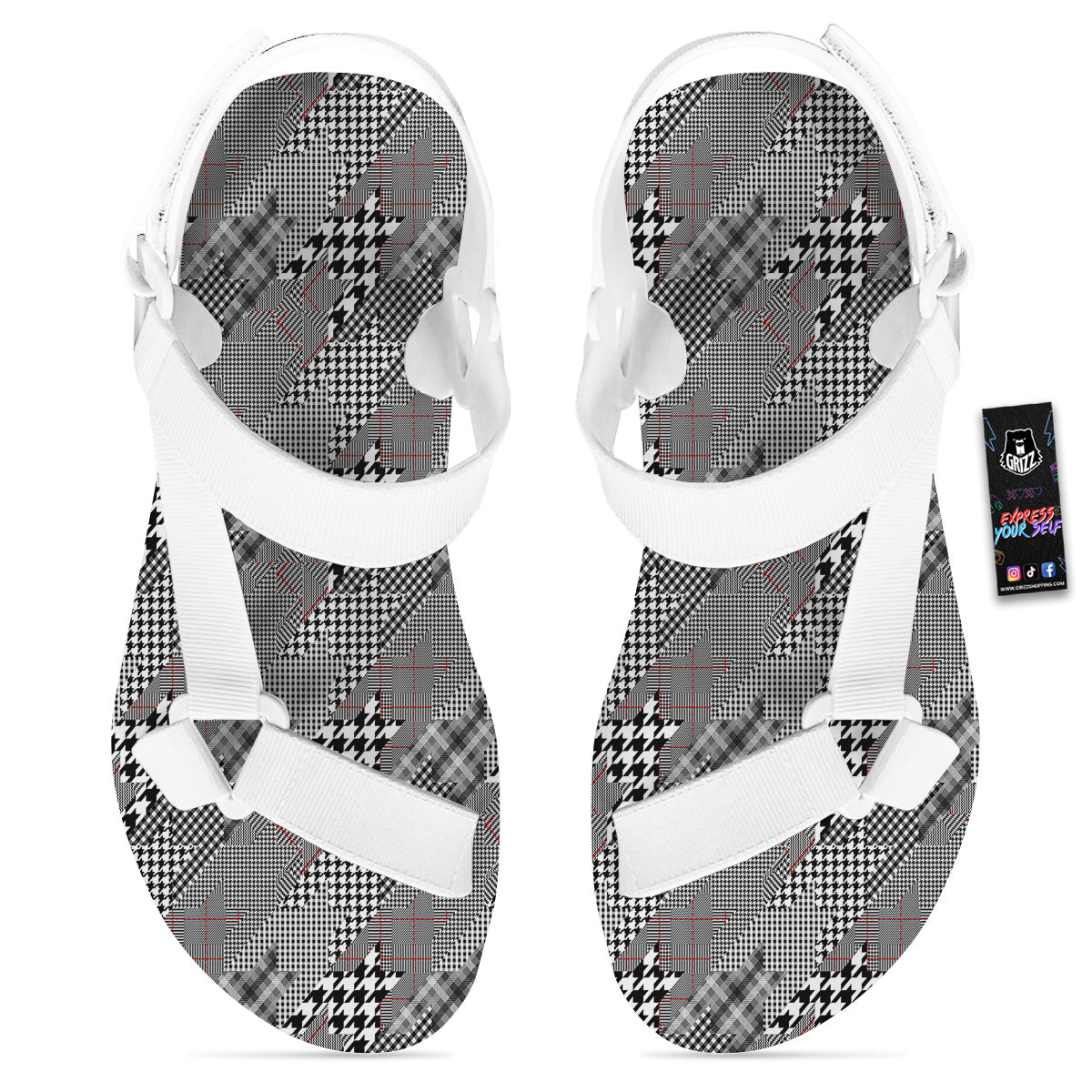 Geometrical Houndstooth Patchwork Print Pattern White Open Toe Sandals-grizzshop