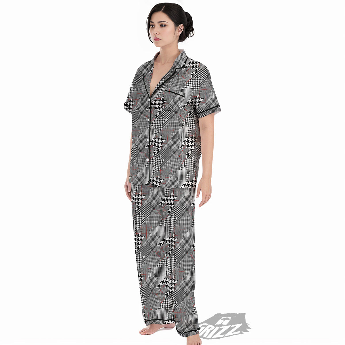 Geometrical Houndstooth Patchwork Print Pattern Women's Pajamas Set-grizzshop