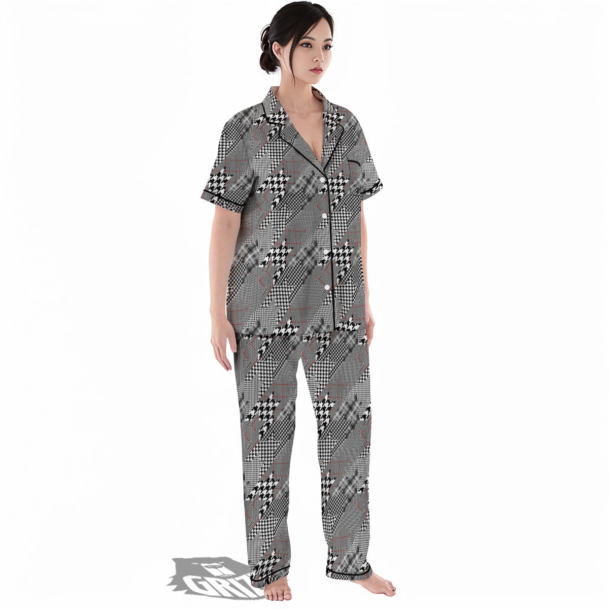 Geometrical Houndstooth Patchwork Print Pattern Women's Pajamas Set-grizzshop