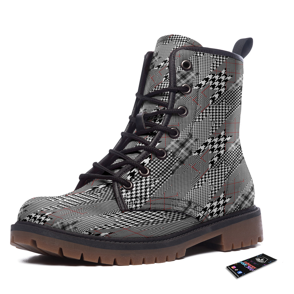 Geometrical Houndstooth Patchwork Print Pattern Work Boots-grizzshop