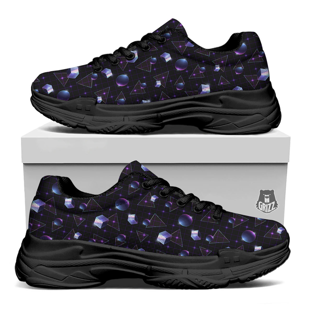Geometry 80's Style Print Pattern Black Chunky Shoes-grizzshop