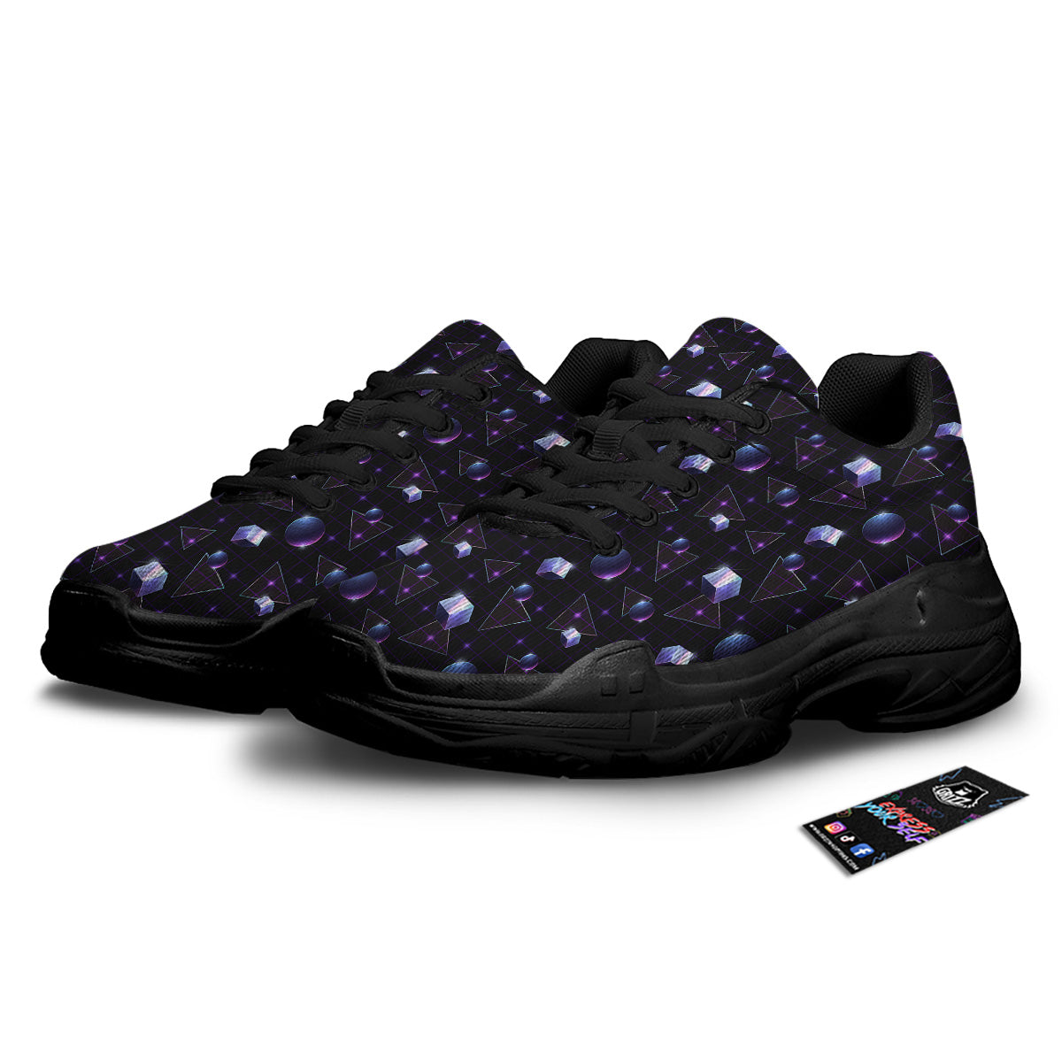 Geometry 80's Style Print Pattern Black Chunky Shoes-grizzshop