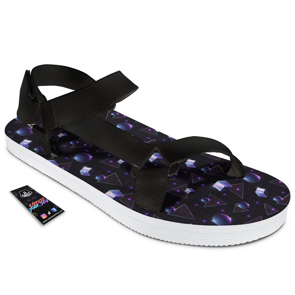 Geometry 80's Style Print Pattern Black Open Toe Sandals-grizzshop