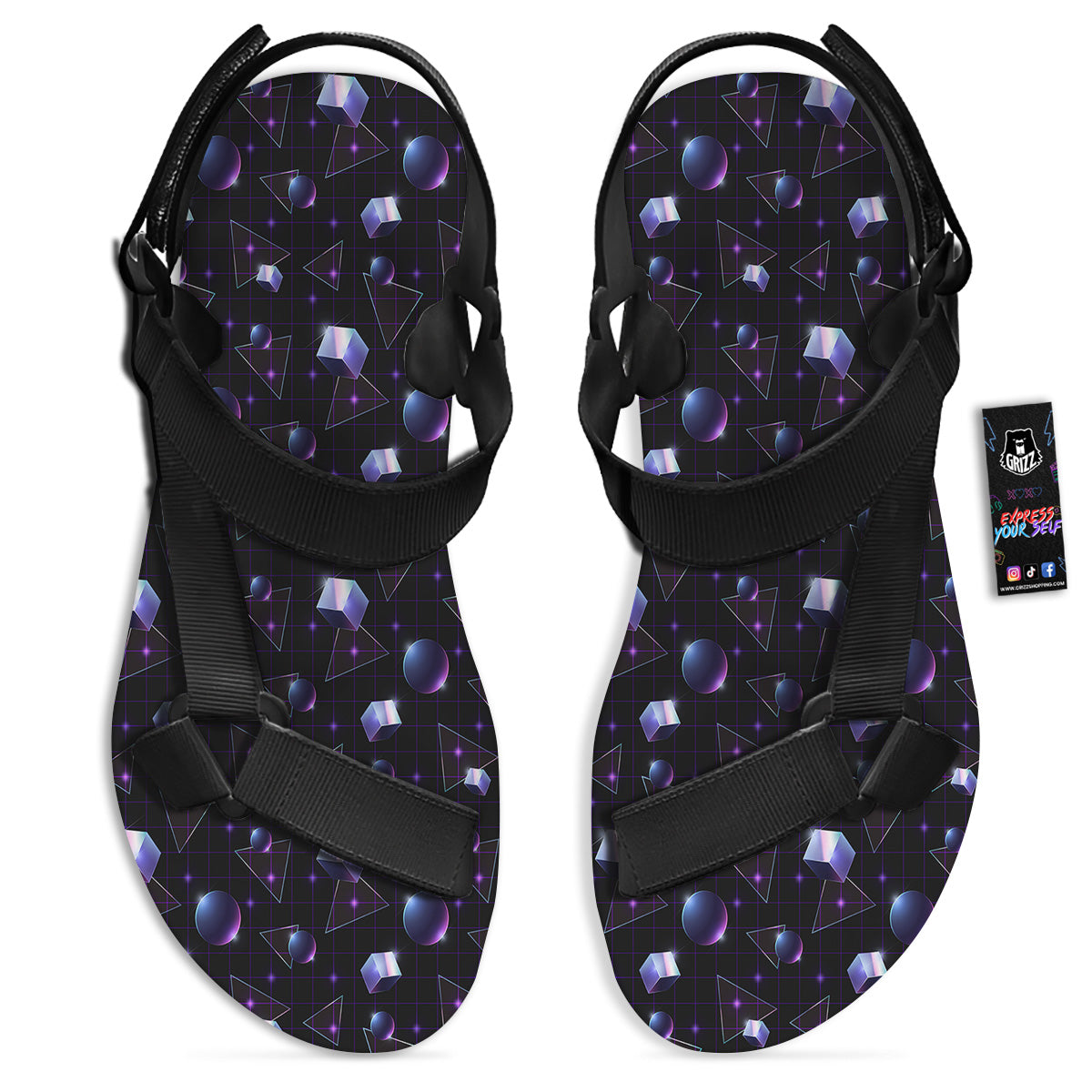 Geometry 80's Style Print Pattern Black Open Toe Sandals-grizzshop