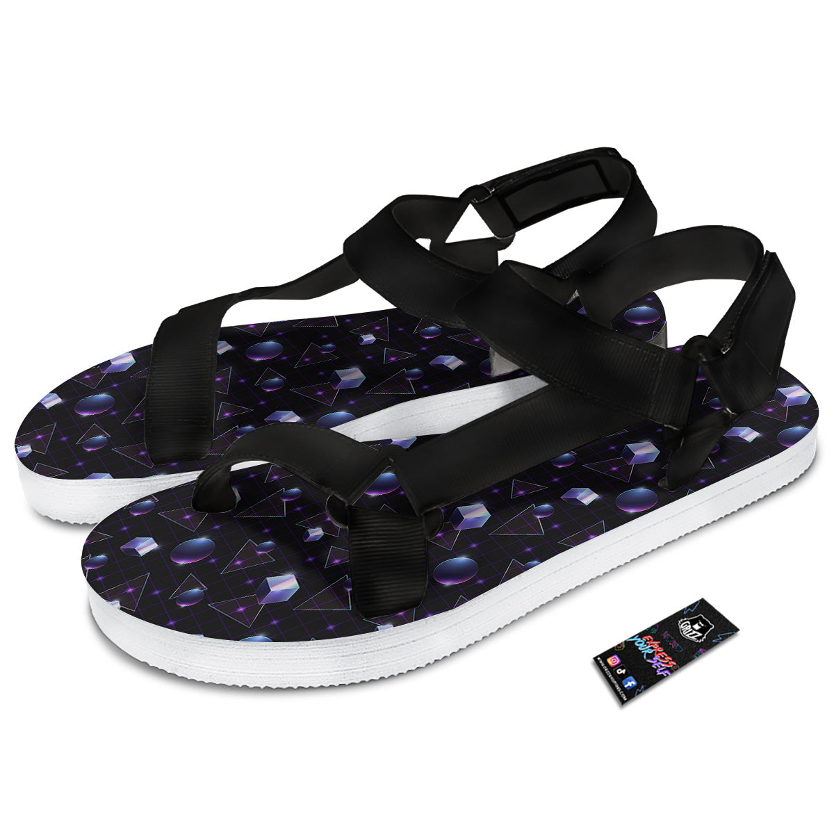 Geometry 80's Style Print Pattern Black Open Toe Sandals-grizzshop