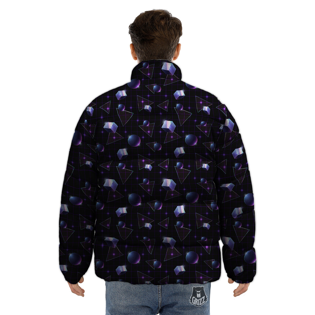 Geometry 80's Style Print Pattern Puffer Jacket-grizzshop