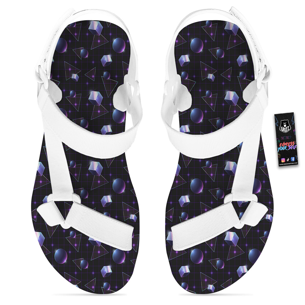 Geometry 80's Style Print Pattern White Open Toe Sandals-grizzshop