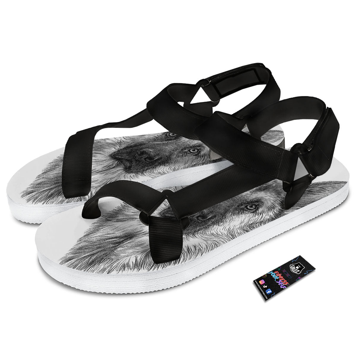German Shepherd White And Black Print Black Open Toe Sandals-grizzshop