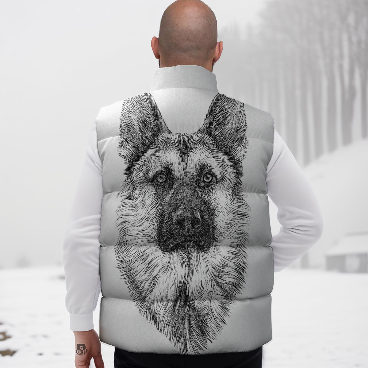 German Shepherd White And Black Print Down Vest