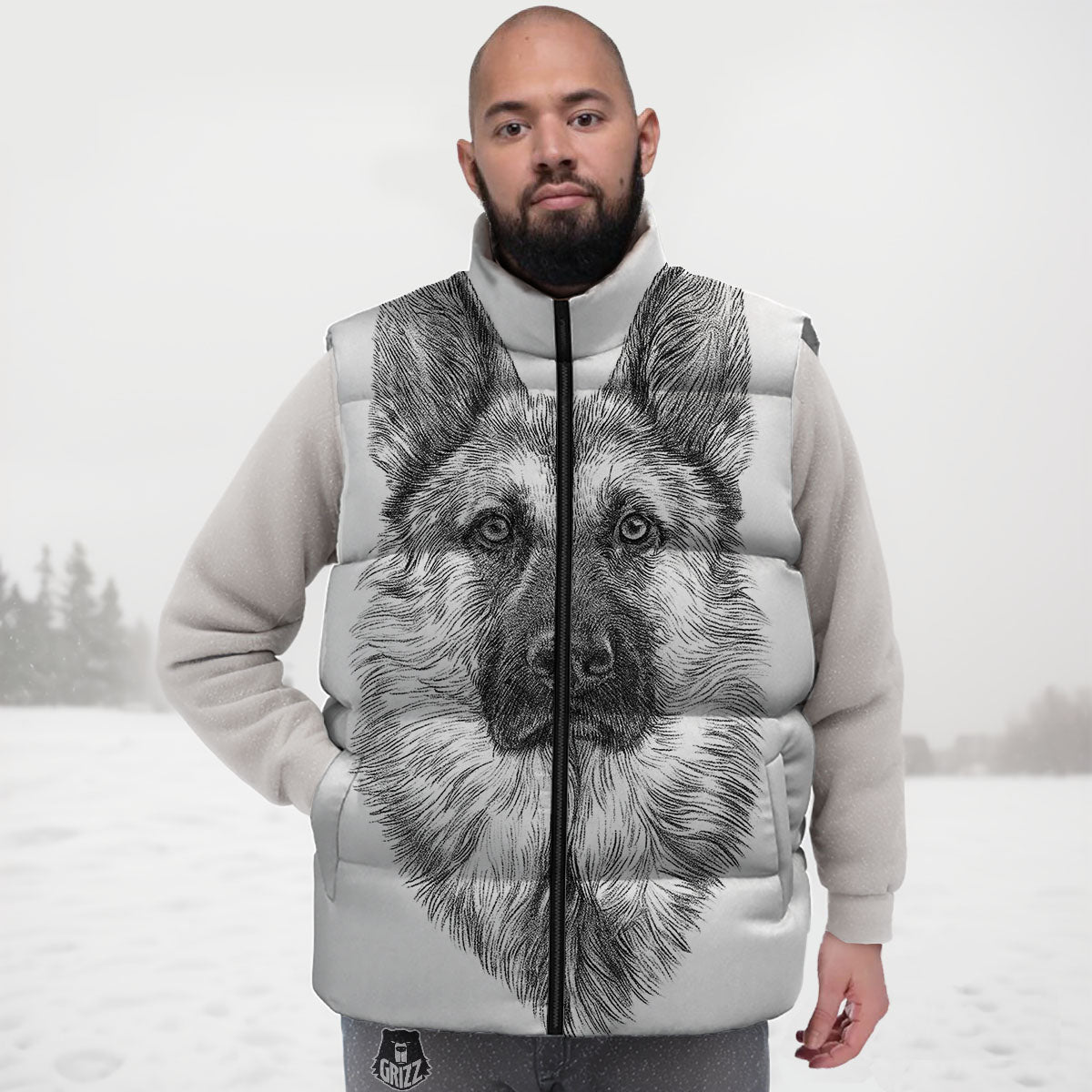 German Shepherd White And Black Print Down Vest