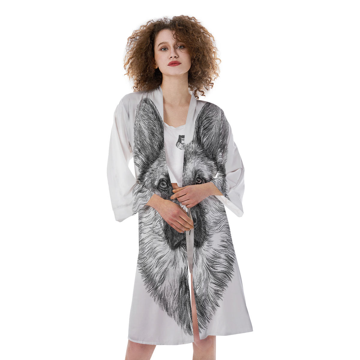 German Shepherd White And Black Print Kimono-grizzshop