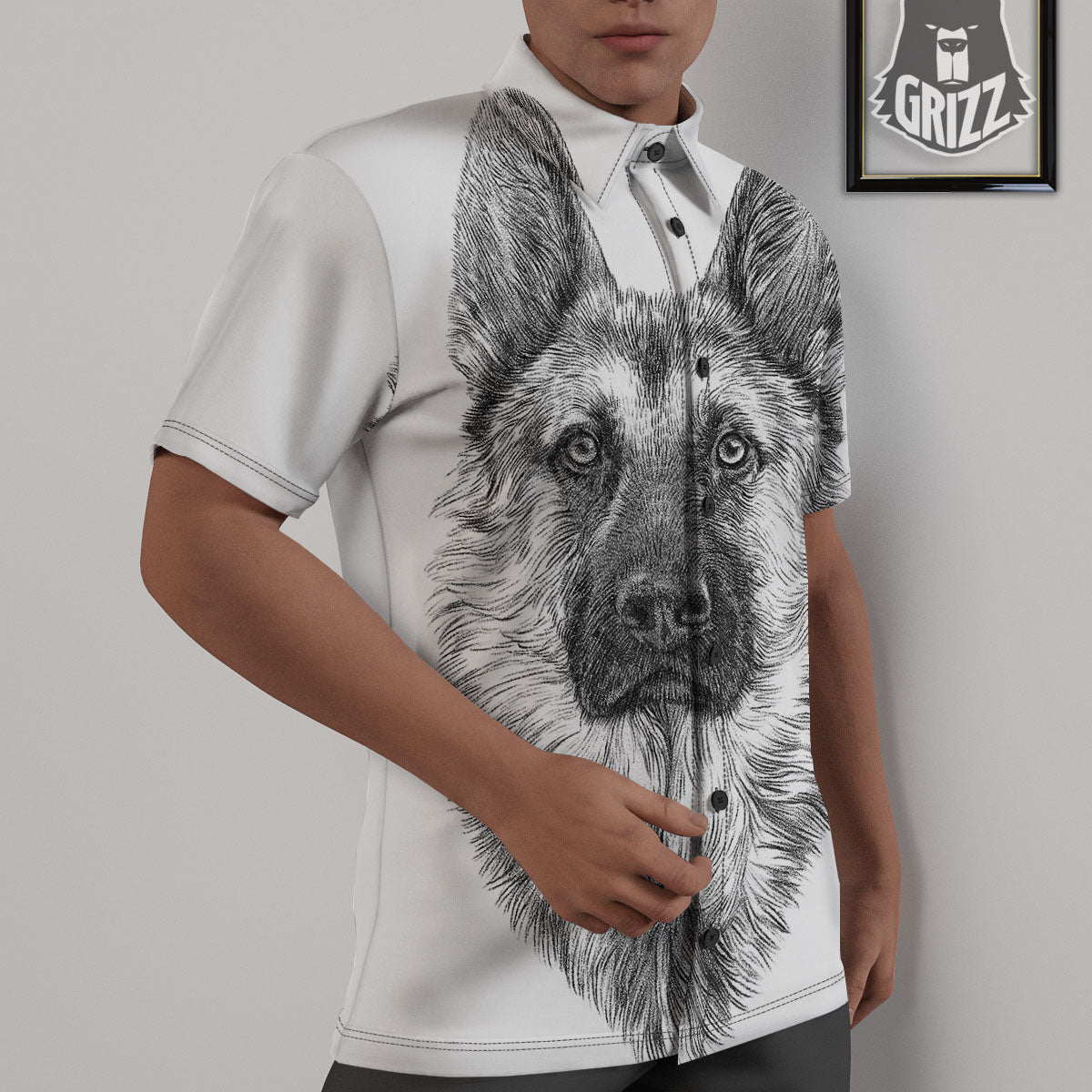German Shepherd White And Black Print Untucked Shirts-grizzshop
