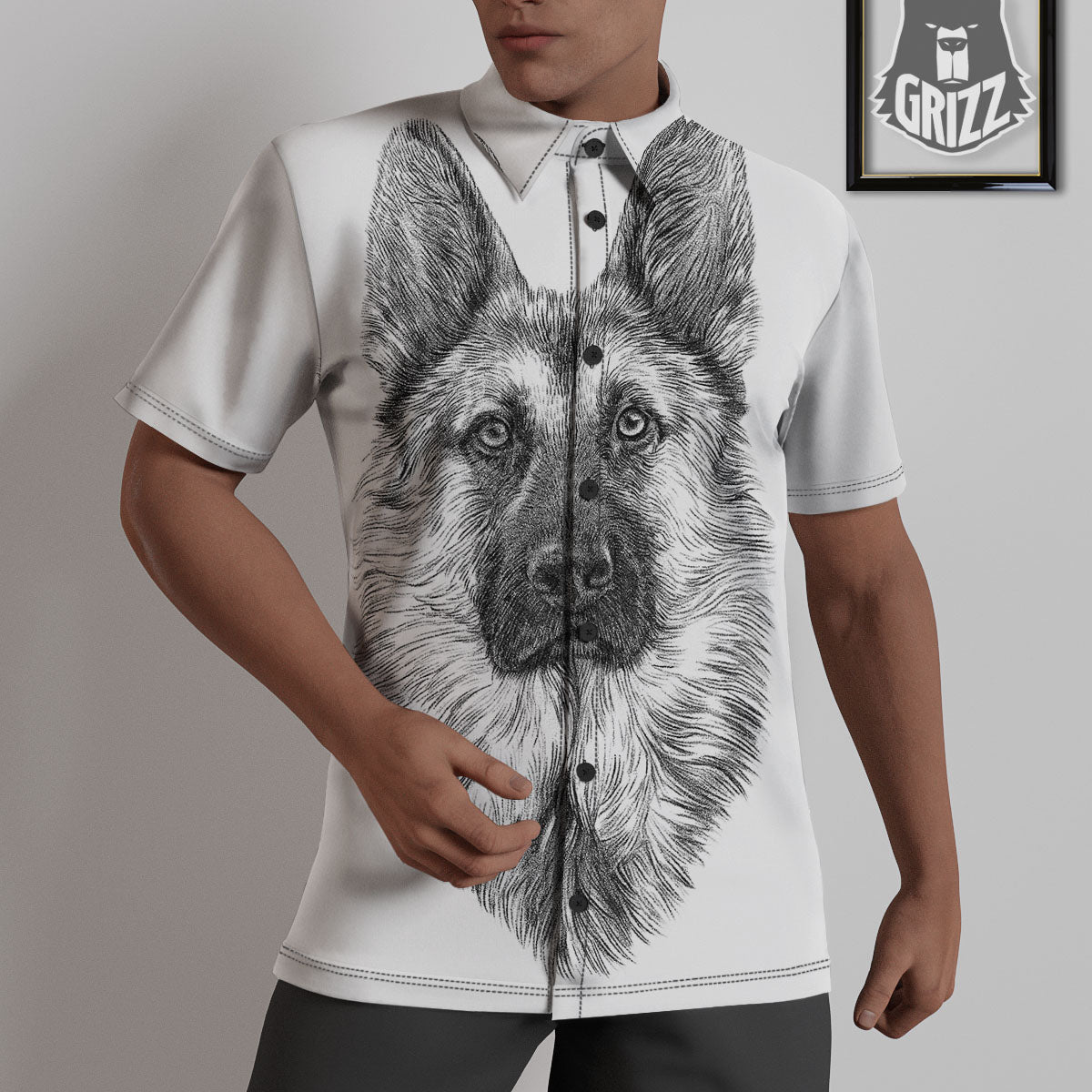 German Shepherd White And Black Print Untucked Shirts-grizzshop