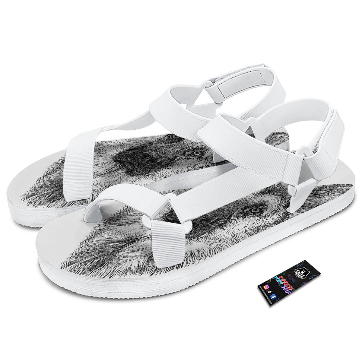 German Shepherd White And Black Print White Open Toe Sandals-grizzshop