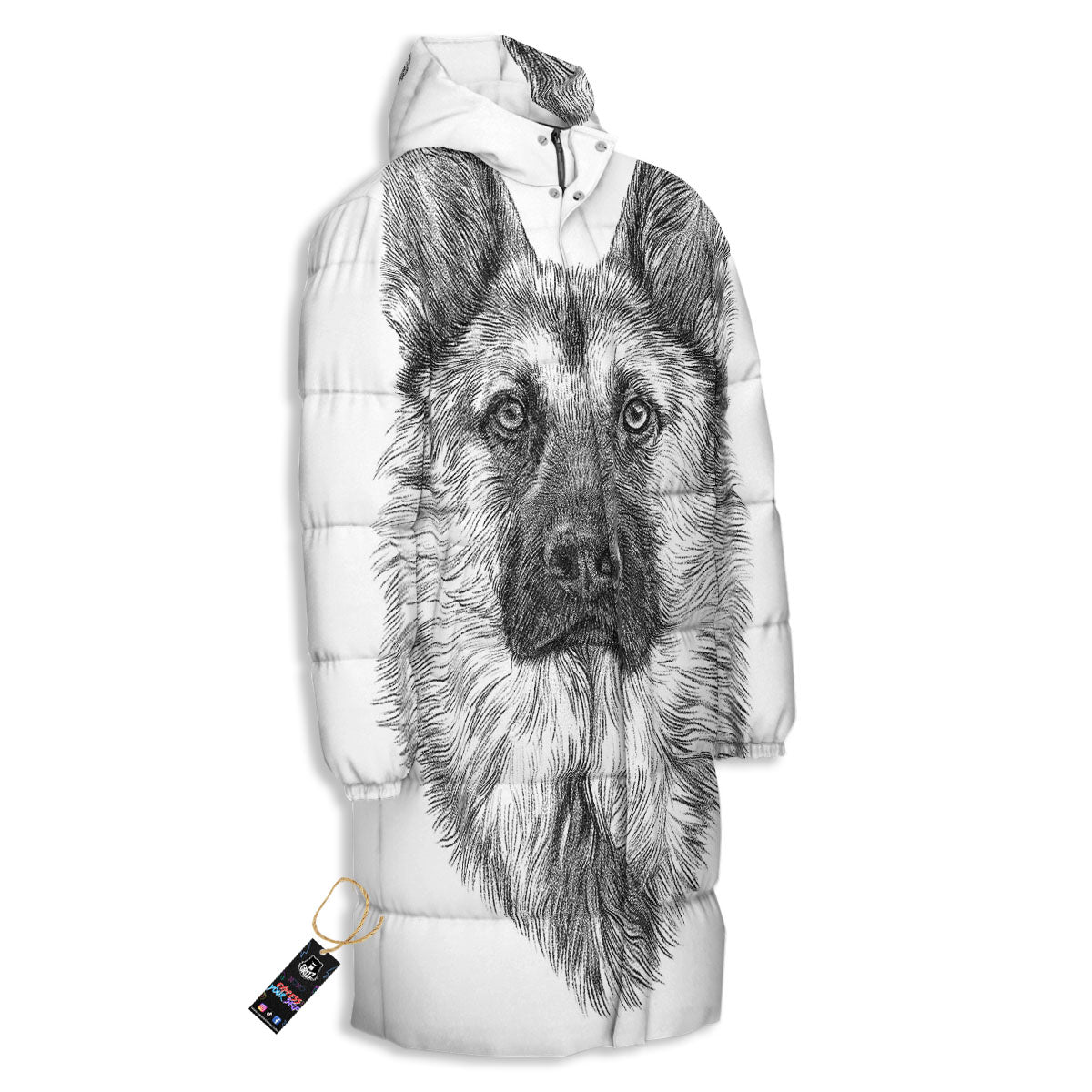 German Shepherd White And Black Print Long Down Jacket