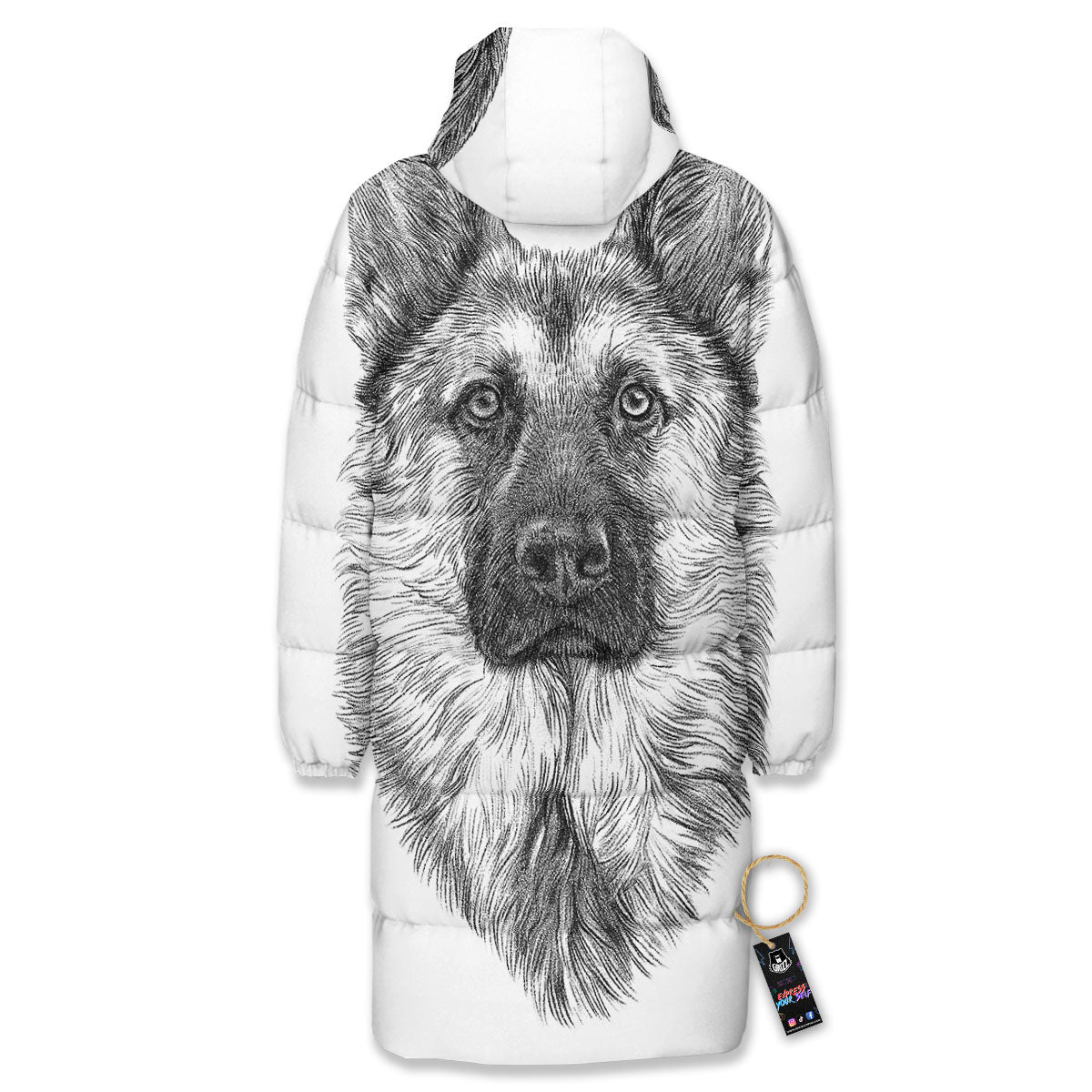 German Shepherd White And Black Print Long Down Jacket