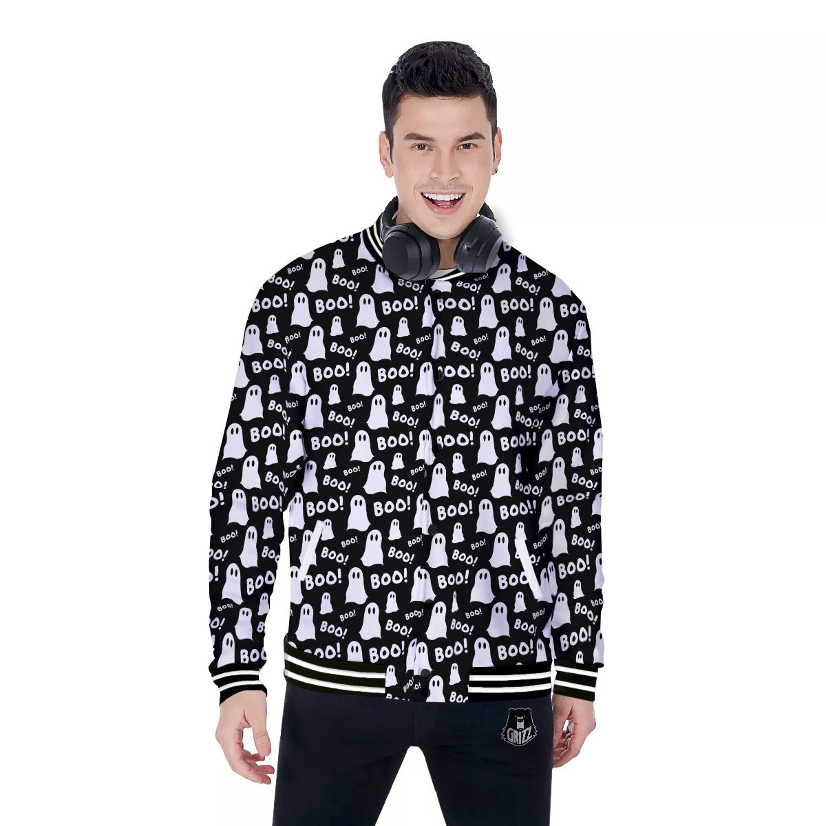 Ghost Cartoon Print Pattern Baseball Jacket-grizzshop