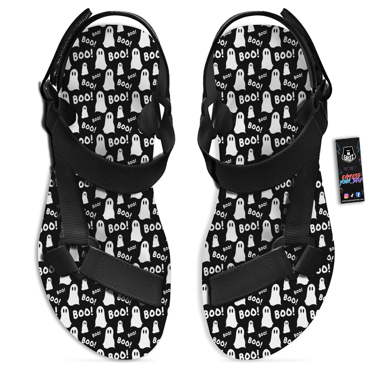 Ghost Cartoon Print Pattern Black Open Toe Sandals-grizzshop