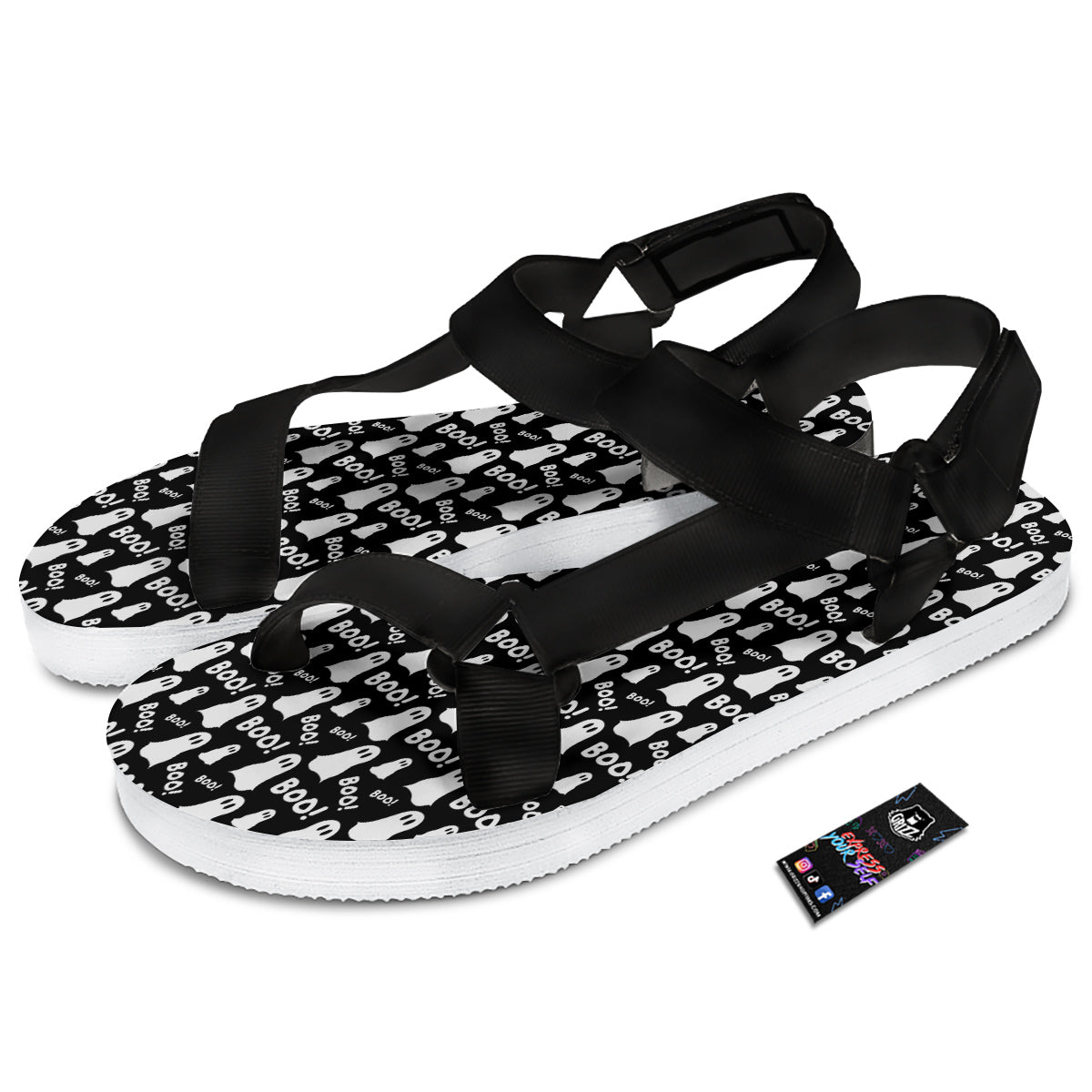 Ghost Cartoon Print Pattern Black Open Toe Sandals-grizzshop
