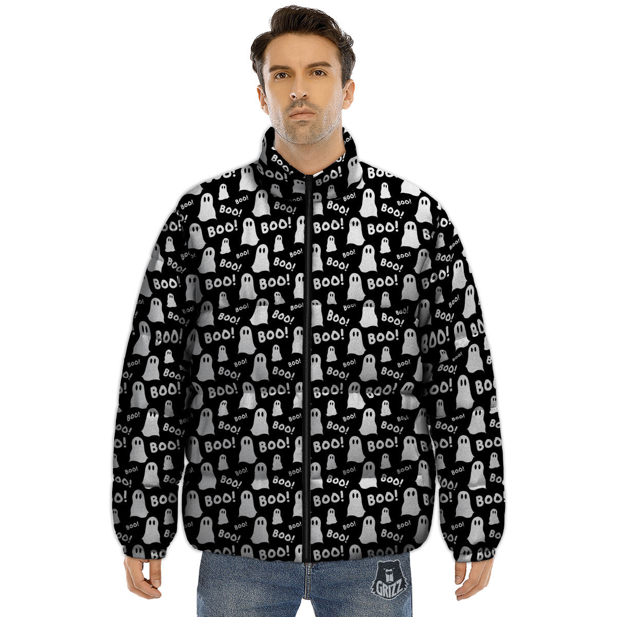 Ghost Cartoon Print Pattern Puffer Jacket-grizzshop