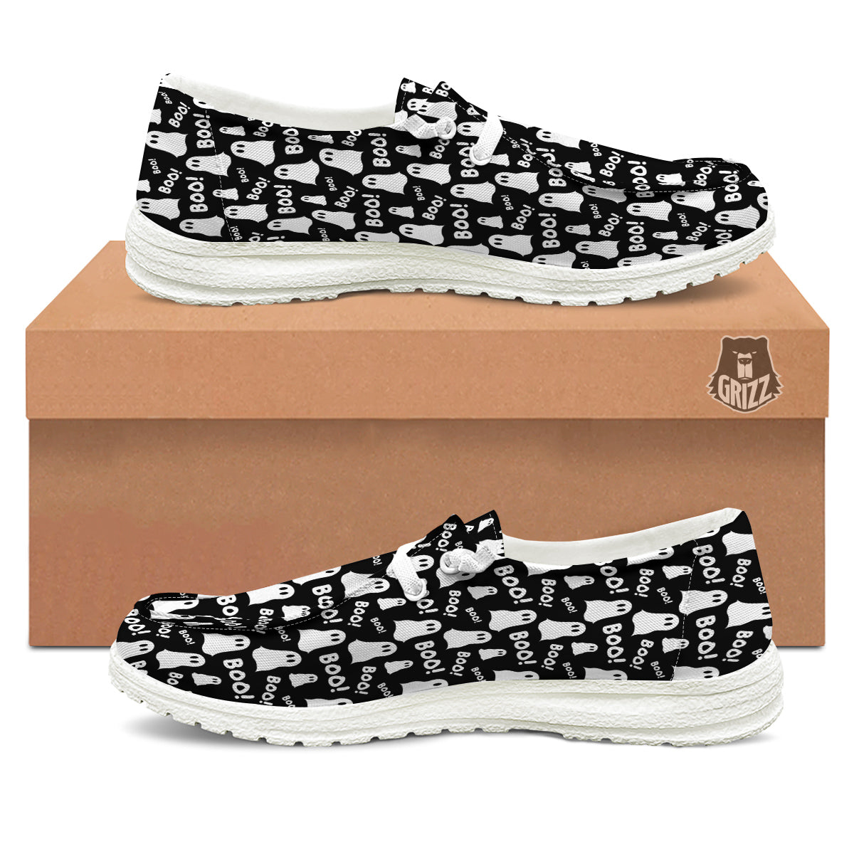 Ghost Cartoon Print Pattern White Loafers-grizzshop