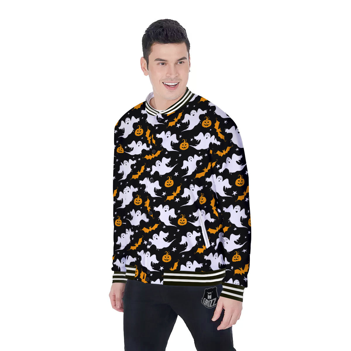 Ghost Halloween Print Pattern Baseball Jacket-grizzshop