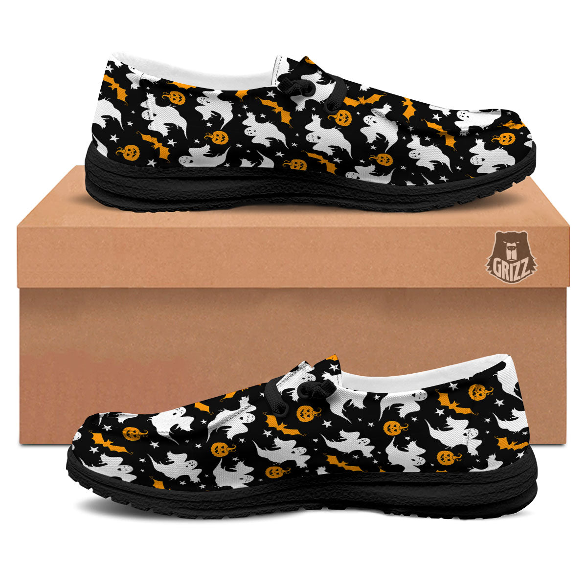 Ghost Halloween Print Pattern Black Loafers-grizzshop