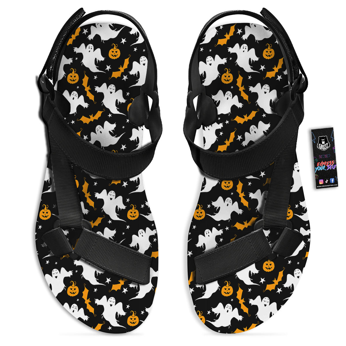 Ghost Halloween Print Pattern Black Open Toe Sandals-grizzshop
