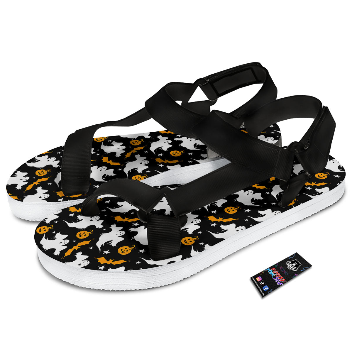 Ghost Halloween Print Pattern Black Open Toe Sandals-grizzshop