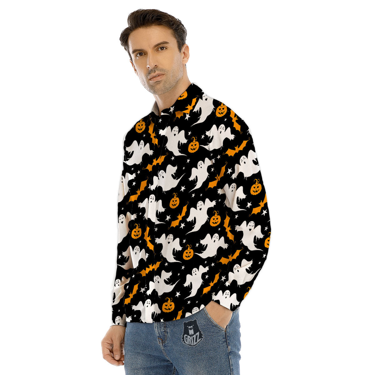 Ghost Halloween Print Pattern Men's Dress Shirts-grizzshop